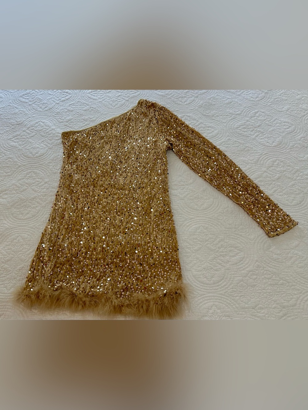 One-Shoulder Sequin Mini Dress with Feather Hem - Gold